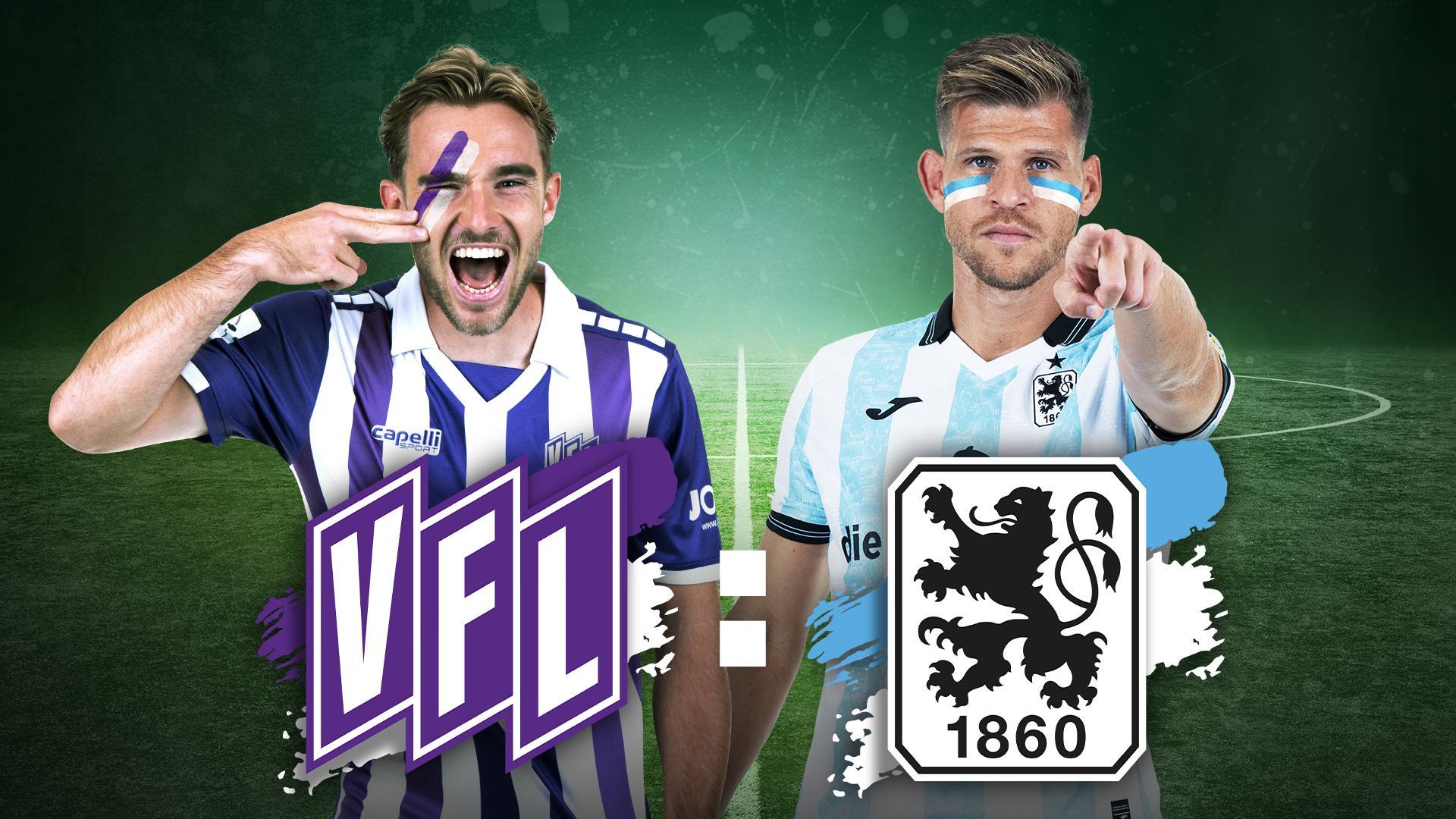 Werbegrafik mit Spielern von VFL Osnabrück und 1860 München mit Vereinslogos.